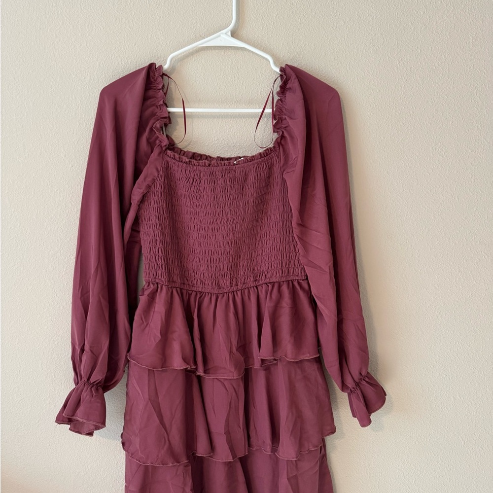 Ruffled Long Sleeve Dress in Burgundy